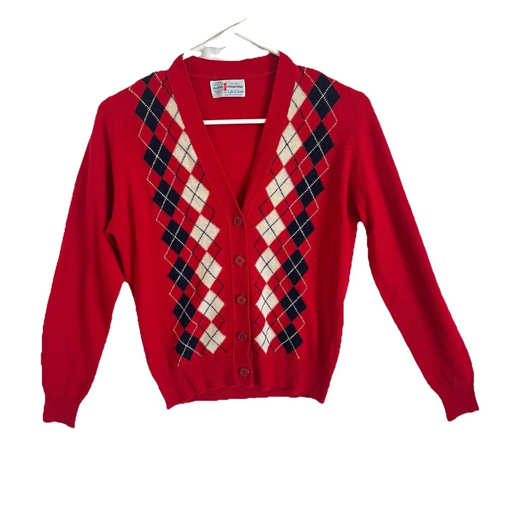 Lyle & Scott Scotland Women M 100% Wool Red Plaid Sweater Cardigan Scottish